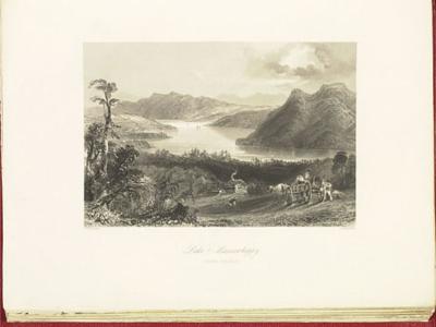 A vintage lithograph or engraving depicting a landscape scene with a large body of water, steep hills, and a horse-drawn cart in the foreground, with the handwritten caption "Lake Massawippi" below the image.