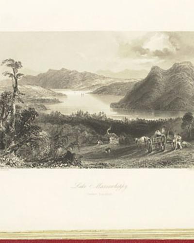 A vintage lithograph or engraving depicting a landscape scene with a large body of water, steep hills, and a horse-drawn cart in the foreground, with the handwritten caption "Lake Massawippi" below the image.