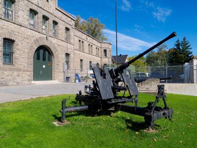 A large black anti-aircraft gun mounted on a grassy lawn in front of a two-story stone building with an arched green door and multiple windows.