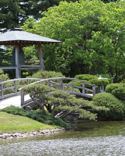 A wooden arched bridge crossing a pond, with a traditional Japanese-style wooden pavilion (gazebo) visible in the background, surrounded by manicured trees and shrubbery.
