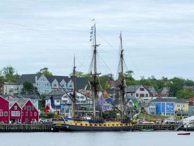 A large, three-masted replica sailing ship (the French frigate Hermione) is docked at a wooden pier in a harbor, with a backdrop of colorful, historic wooden buildings on a hillside.