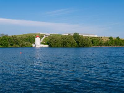 Fort Henry on its hill above the water at Kingston, with a Martello tower at the shore