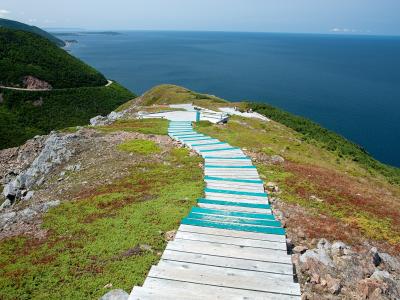 A wooden boardwalk with teal-painted edges winds along a grassy, rocky mountain ridge overlooking a large body of blue water and forested coastline.