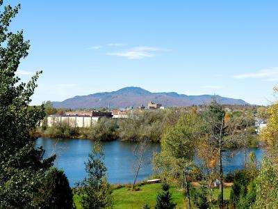 A landscape view of a river in the foreground, a town area with buildings and trees in the middle ground, and a large mountain in the background under a blue sky.