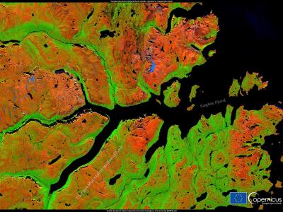 A false-color satellite map image showing the coastline of Torngat Mountains National Park in Labrador, Canada, with specific labels for "Torngat Mountains National Park" and "Saglek Fjord".