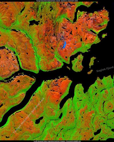 A false-color satellite map image showing the coastline of Torngat Mountains National Park in Labrador, Canada, with specific labels for "Torngat Mountains National Park" and "Saglek Fjord".