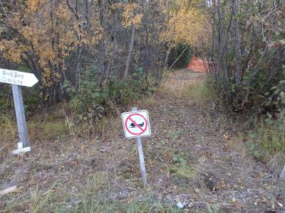 A dirt path through a wooded area with autumn foliage, featuring a white directional sign pointing left that reads "Back Bay Cemetery," a "no vehicles" prohibition sign, and a yellow warning sign on the right.