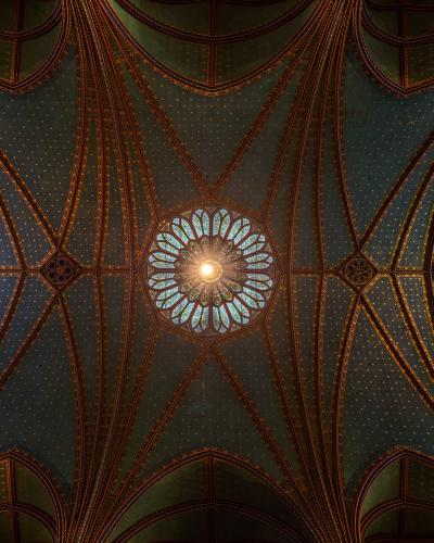 An upward view of an ornate, vaulted ceiling featuring blue and gold star patterns, ribbed arches, and three circular stained-glass windows illuminated by artificial light.