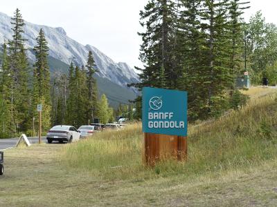 A teal and wood sign reading "BANFF GONDOLA" stands in a grassy area near a parking lot with cars, with a mountain slope and evergreen trees in the background.