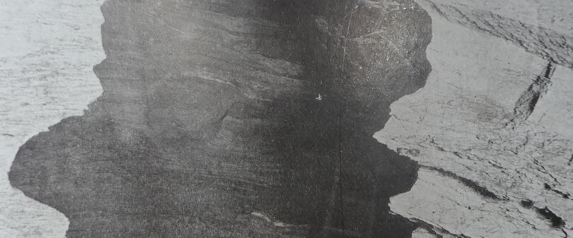 A black and white photograph looking down a narrow, vertical rock crevice or shaft with a wooden ladder descending into darkness.