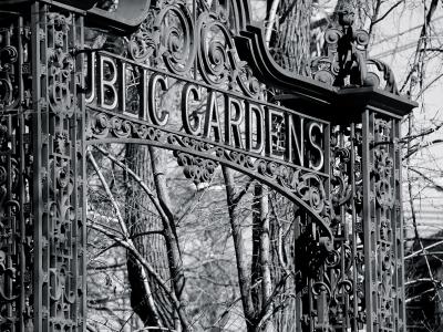A close-up black and white photograph of an ornate wrought-iron gate featuring the text "PUBLIC GARDENS" in raised capital letters, with bare trees visible in the background.