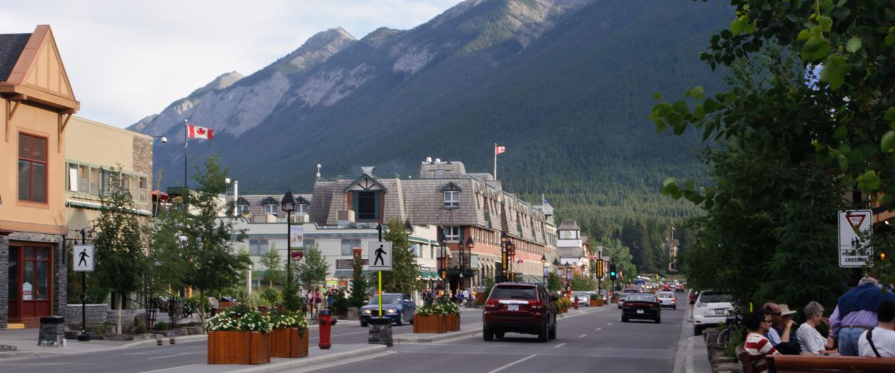 Banff Avenue below the mountains