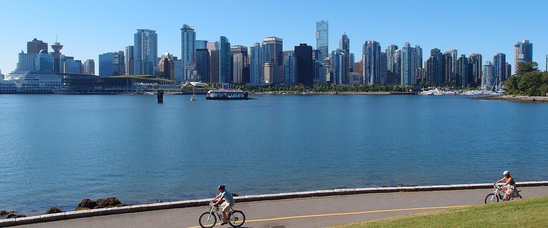 Downtown Vancouver skyline seen across Coal Harbour from the Stanley Park seawall