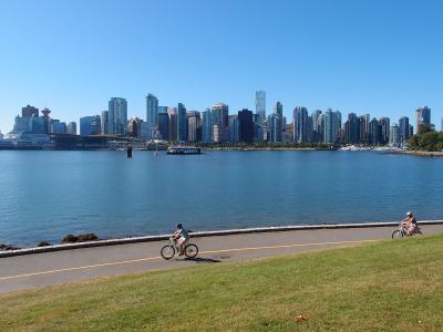 Downtown Vancouver skyline seen across Coal Harbour from the Stanley Park seawall