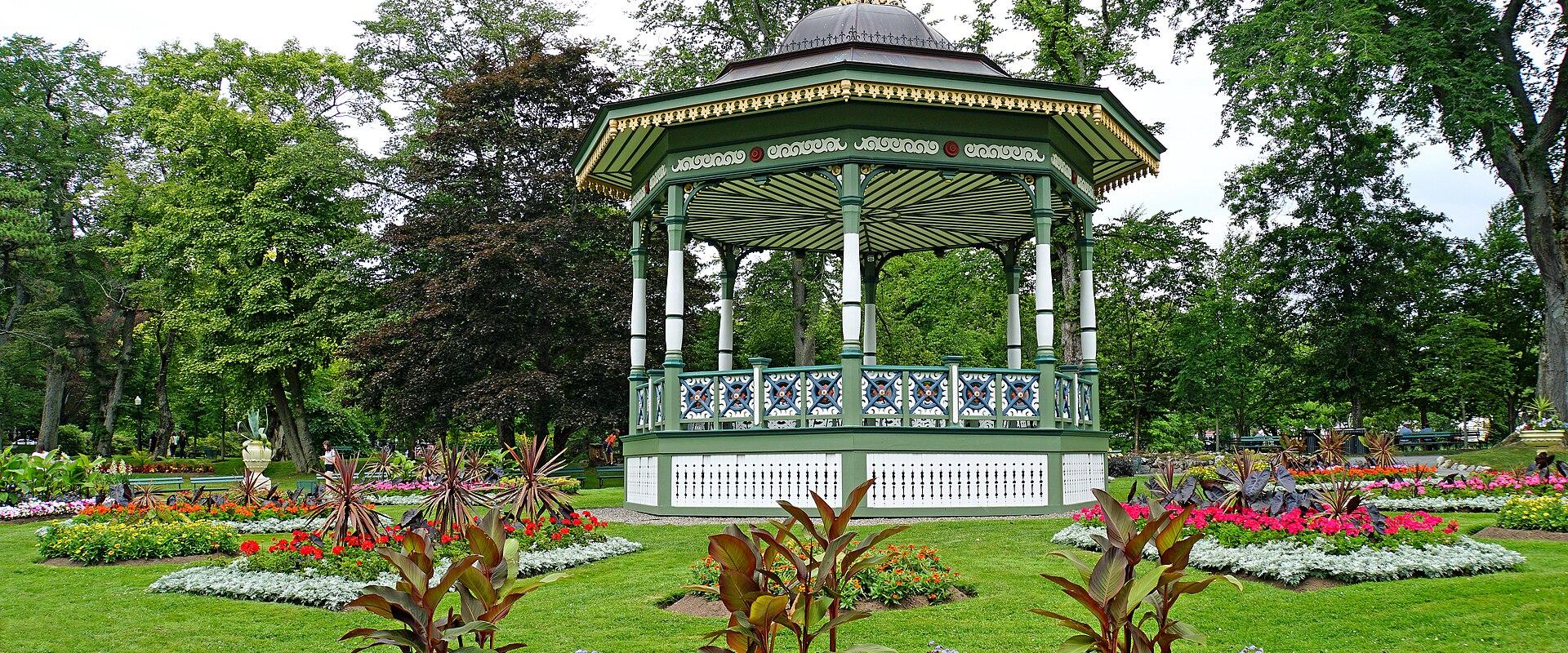 Victorian bandstand and flower beds in the Halifax Public Gardens
