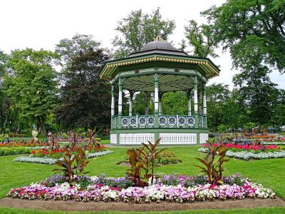 Victorian bandstand and flower beds in the Halifax Public Gardens