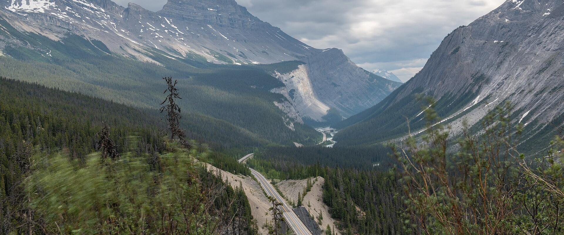 Icefields Parkway winding through a valley in Jasper National Park