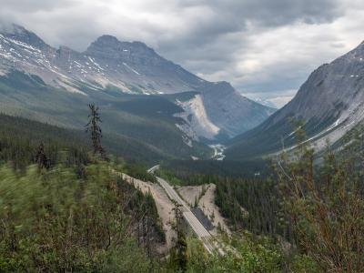 Icefields Parkway winding through a valley in Jasper National Park