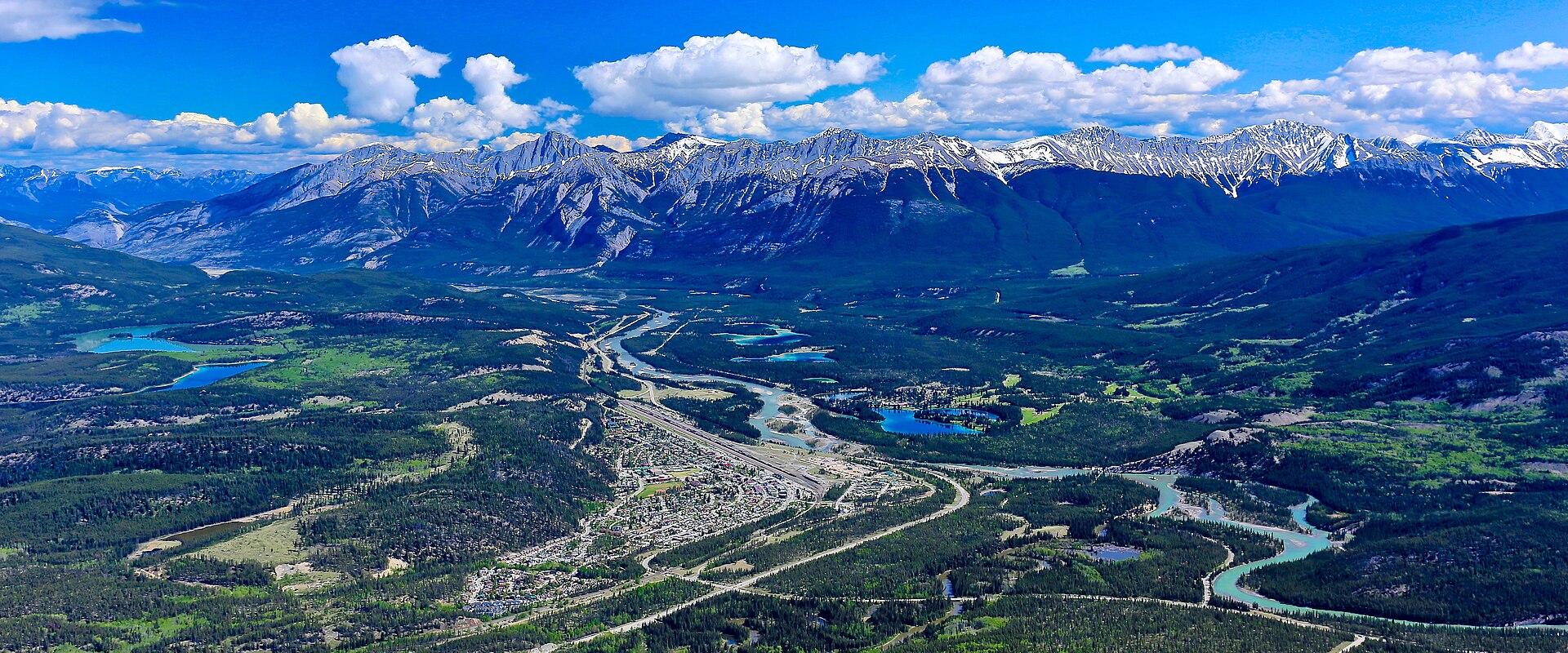 The town of Jasper in the Athabasca valley, seen from the mountains above, Jasper National Park