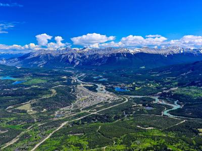 The town of Jasper in the Athabasca valley, seen from the mountains above, Jasper National Park