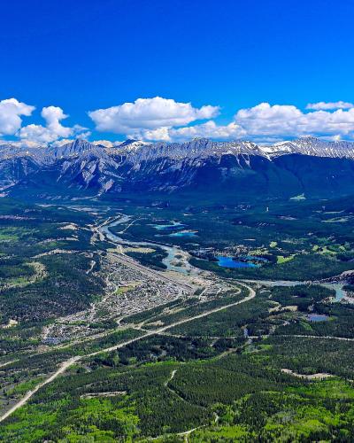 The town of Jasper in the Athabasca valley, seen from the mountains above, Jasper National Park