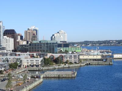 A waterfront view of a city skyline featuring a large construction crane on the left, modern glass buildings, and a row of red-roofed buildings on a pier in the foreground, with the word "MURPHY'S" visible on one of the pier buildings.