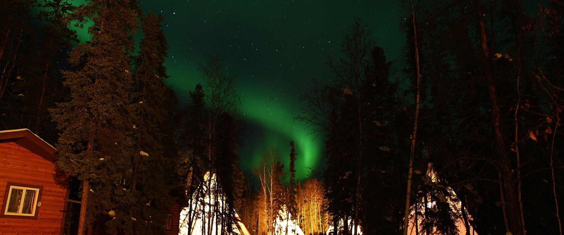 A night scene showing the Northern Lights over a snowy path lined with tall pine trees, illuminated teepee-style structures, and a wooden cabin on the left.