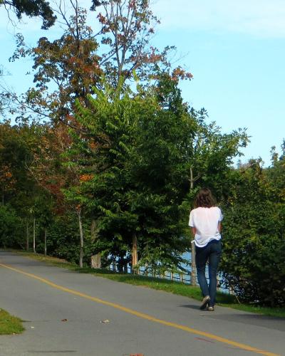 A paved pathway alongside a body of water with a person walking away from the camera, featuring a bilingual sign prohibiting commercial vehicles and a speed limit sign.