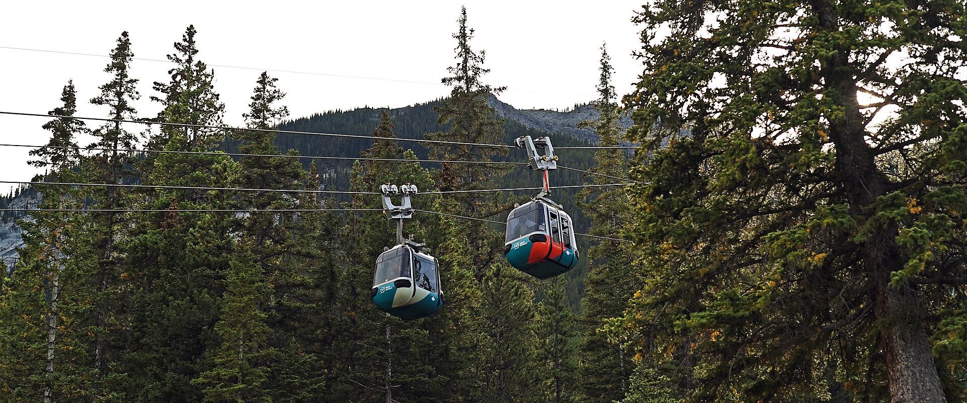 A teal and wood sign reading "BANFF GONDOLA" stands in a grassy area next to a road with parked cars and a mountain backdrop.