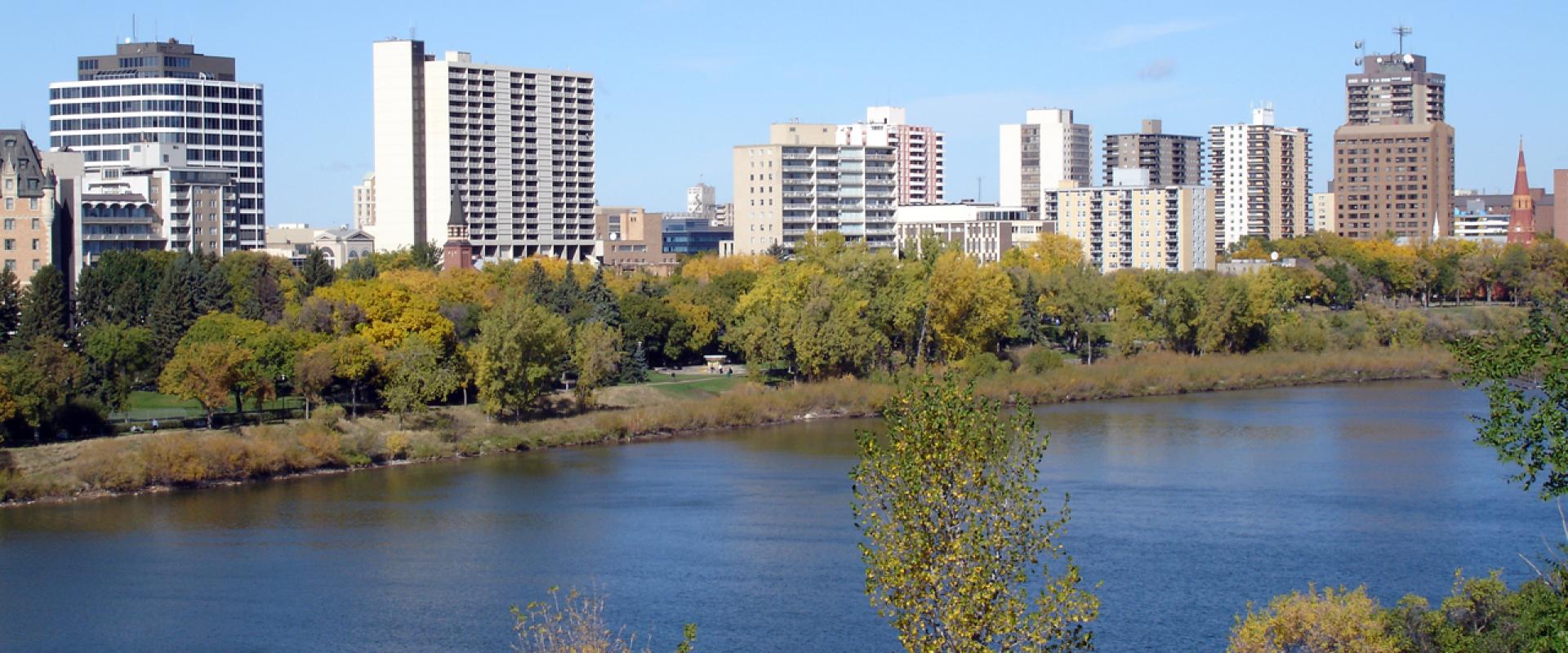 The South Saskatchewan River and downtown Saskatoon from the Meewasin riverbank