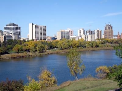 The South Saskatchewan River and downtown Saskatoon from the Meewasin riverbank