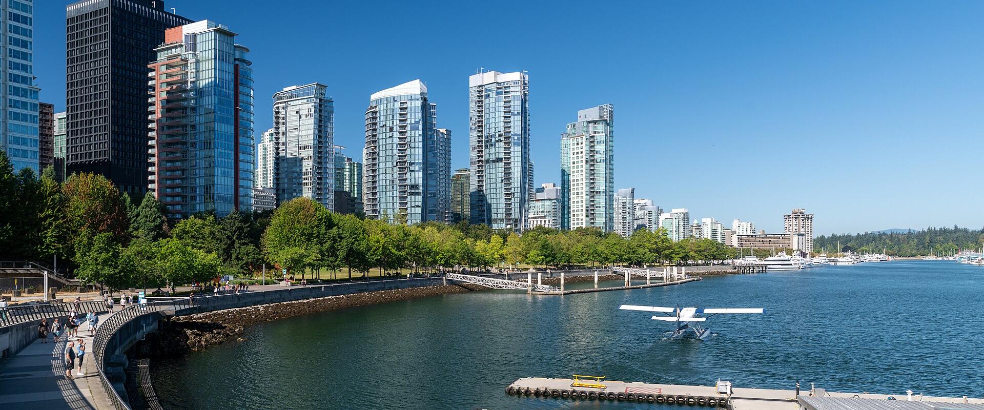 A grassy park slope with several green trees in the foreground and a dense cluster of modern high-rise residential buildings in the background under a blue sky.