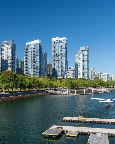 A grassy park slope with several green trees in the foreground and a dense cluster of modern high-rise residential buildings in the background under a blue sky.