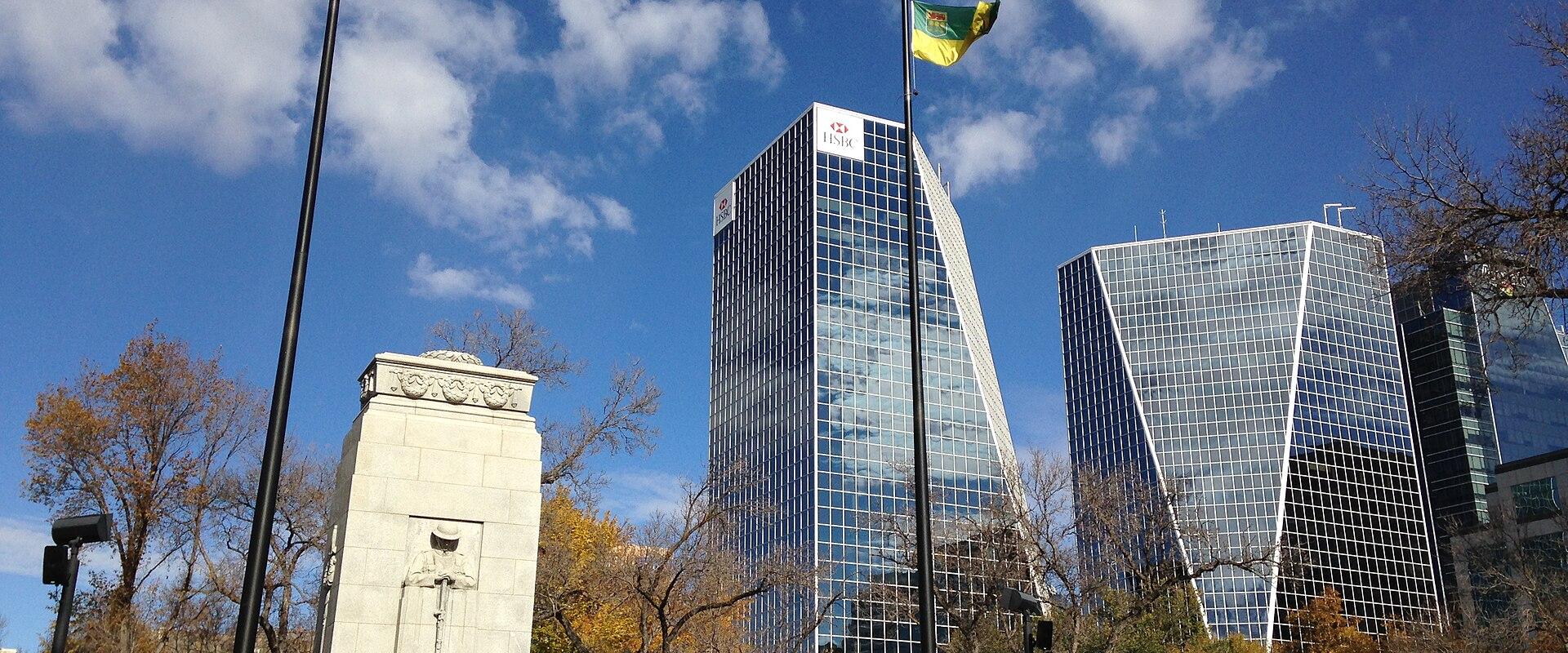 The cenotaph in Victoria Park against downtown Regina