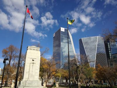 The cenotaph in Victoria Park against downtown Regina
