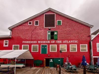 Red wooden buildings of the Fisheries Museum of the Atlantic on the Lunenburg waterfront