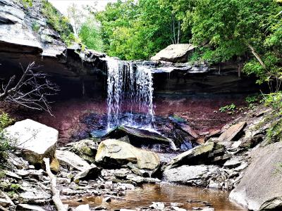 A waterfall cascading from a layered rock overhang into a pool surrounded by green foliage and large boulders.