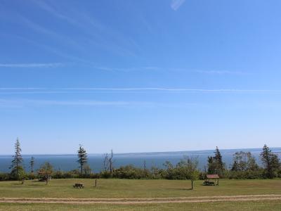 A grassy picnic area with wooden tables and shelters overlooking a wide body of water under a blue sky with contrails.