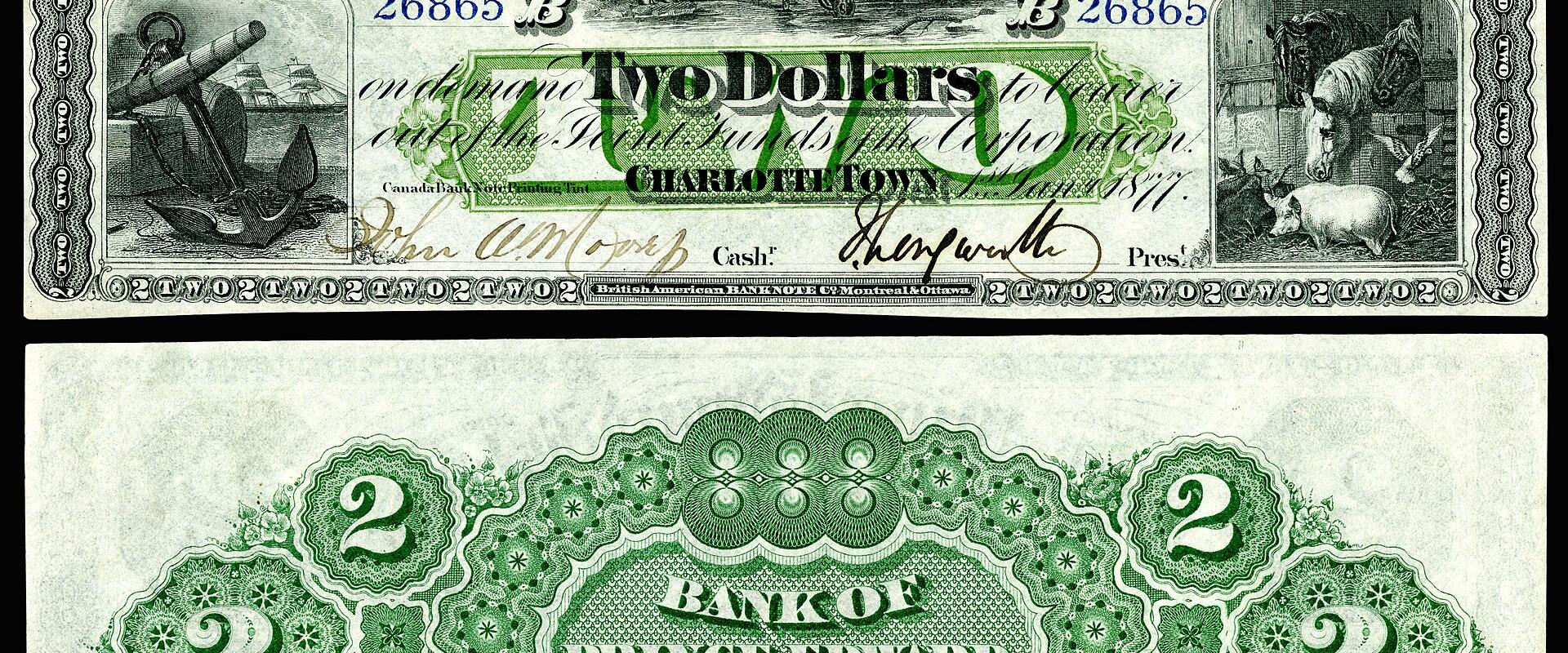 A vintage two-dollar banknote issued by the Bank of Prince Edward Island, dated 1877, featuring illustrations of horses, an anchor, and livestock, with text identifying "CHARLOTETOWN" and "PRINCE EDWARD ISLAND".