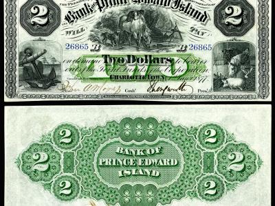 A vintage two-dollar banknote issued by the Bank of Prince Edward Island, dated 1877, featuring illustrations of horses, an anchor, and livestock, with text identifying "CHARLOTETOWN" and "PRINCE EDWARD ISLAND".
