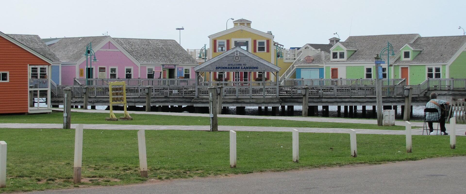 Colourful boardwalk shops of Spinnakers' Landing on the Summerside waterfront