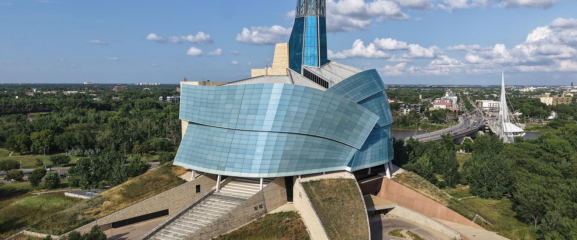 Aerial view of the glass-clad Canadian Museum for Human Rights and its Tower of Hope in Winnipeg