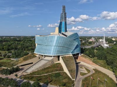 Aerial view of the glass-clad Canadian Museum for Human Rights and its Tower of Hope in Winnipeg