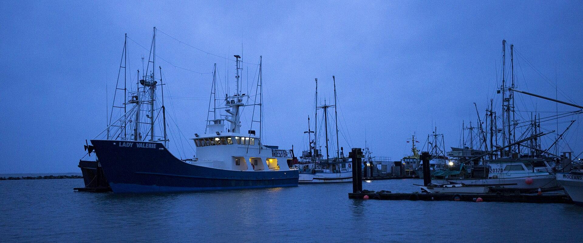 A blue and white fishing vessel named 'LADY VALERIE' is docked at a wharf alongside other fishing boats during twilight or stormy weather.