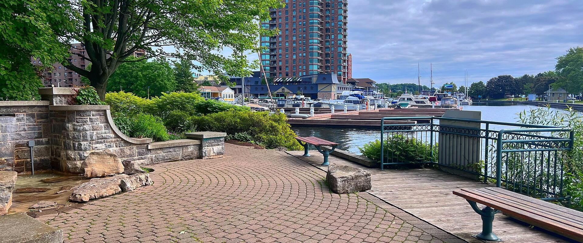 The brick waterfront promenade beside the Brockville harbour