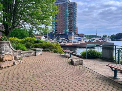 The brick waterfront promenade beside the Brockville harbour